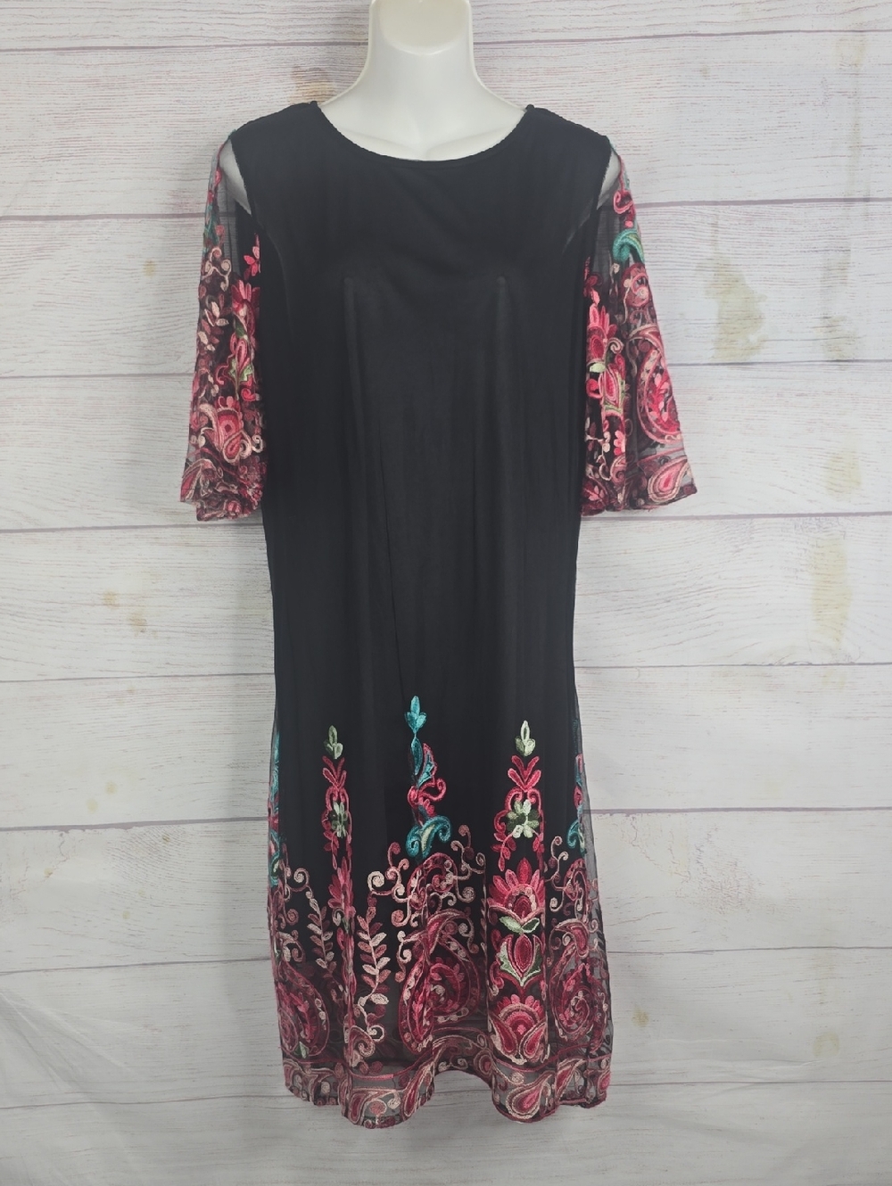 SHEIN Black Midi Dress with Pink & Teal Floral Embroidery